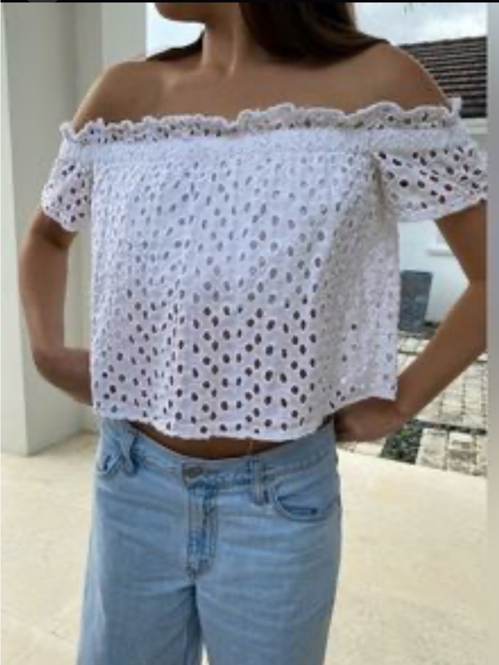 ZARA White Eyelet Off-Shoulder Women’s Top